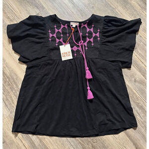 Knox Rose Flutter Sleeve Shirt Blouse Women’s Size S Black Purple Embroidered